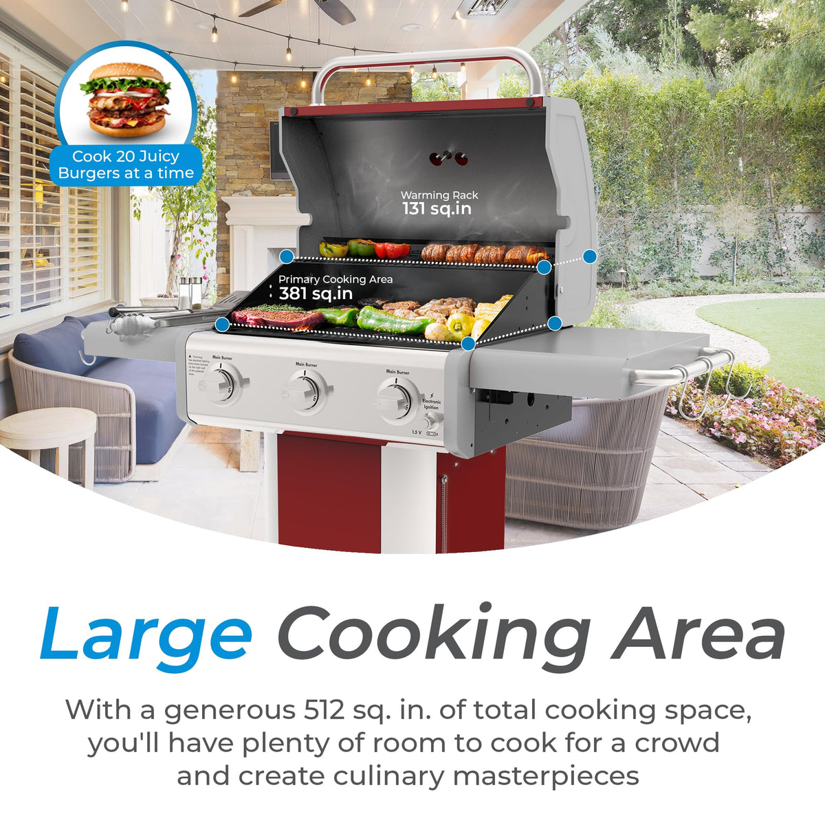 3-Burner Liquid Propane Gas Grill with Folding Sides, Wheels, 30000 BTU, Red S168