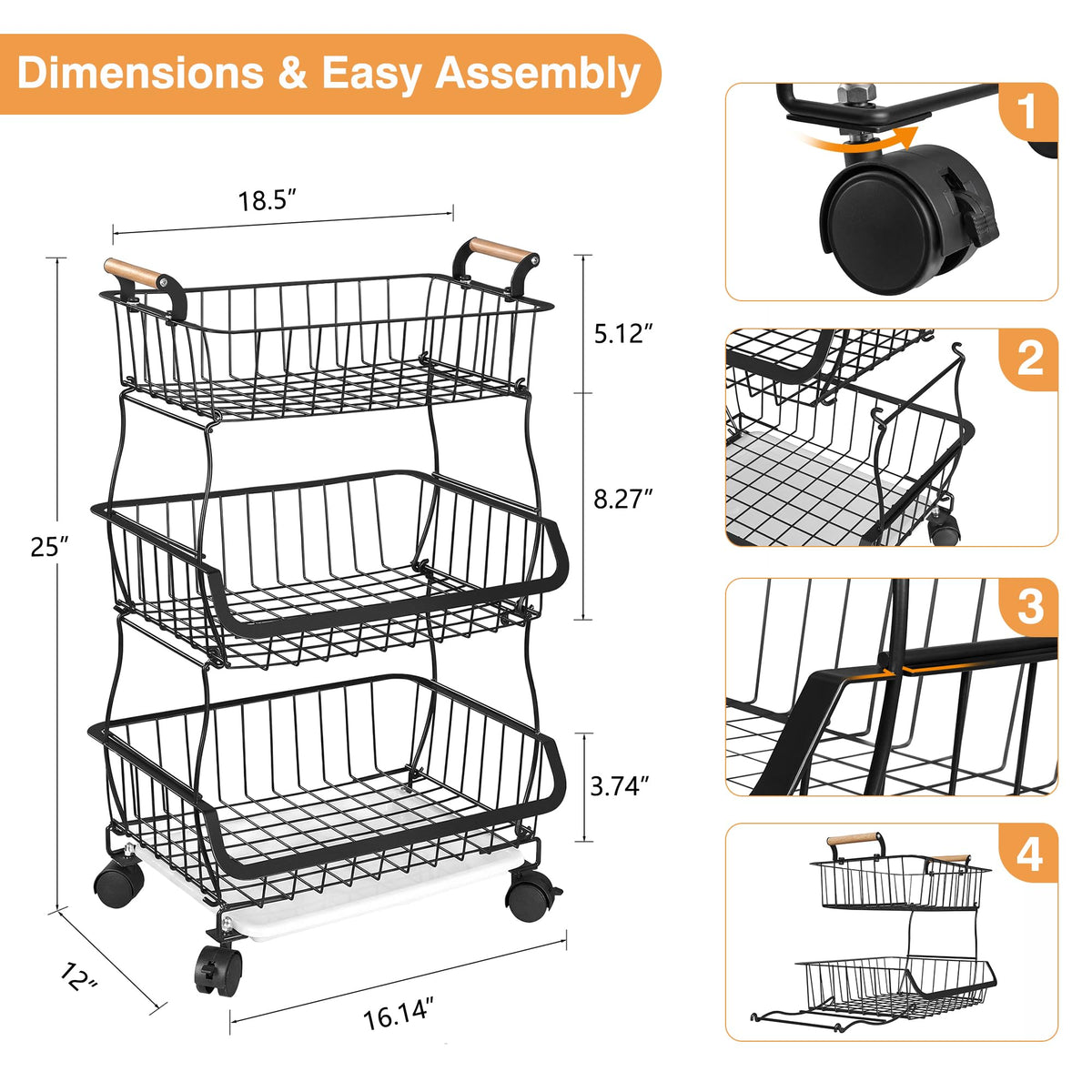 3-Tier Fruit Basket with Wheels N4196