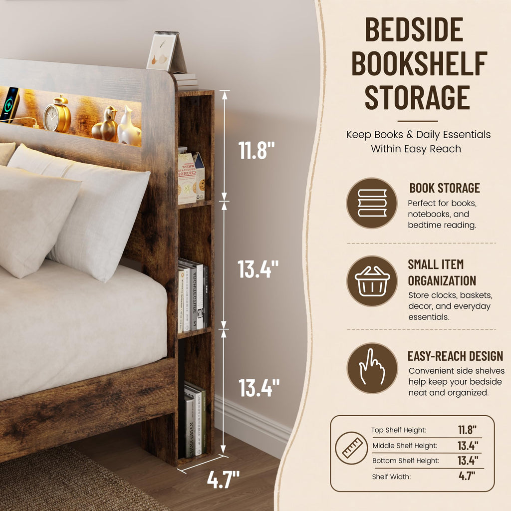 King Size Brown Wood Bed Frame with Bookcase Storage Headboard C78116