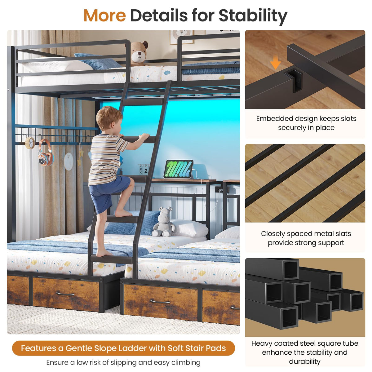 Black Triple Bunk Bed with 8 Storage Drawers and Stair G891791
