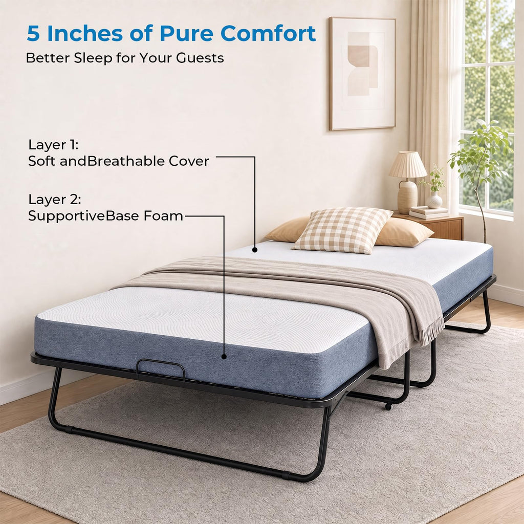 Folding Bed with 5" Foam Mattress Queen Size Metal Frame W551740