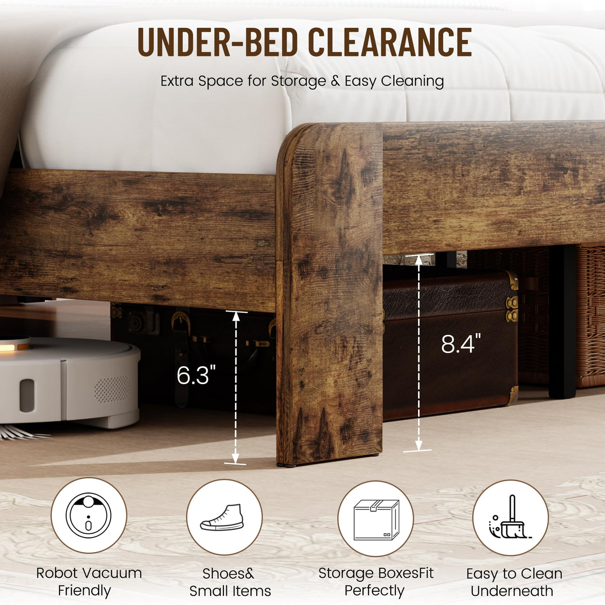 King Size Brown Wood Bed Frame with Bookcase Storage Headboard C78116
