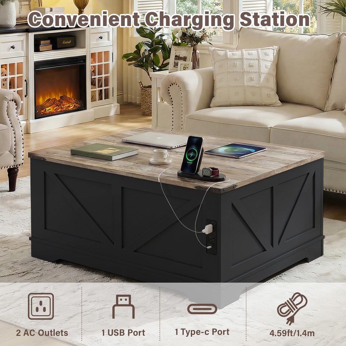 Black Lift Top Wood Coffee Table with Storage I47231