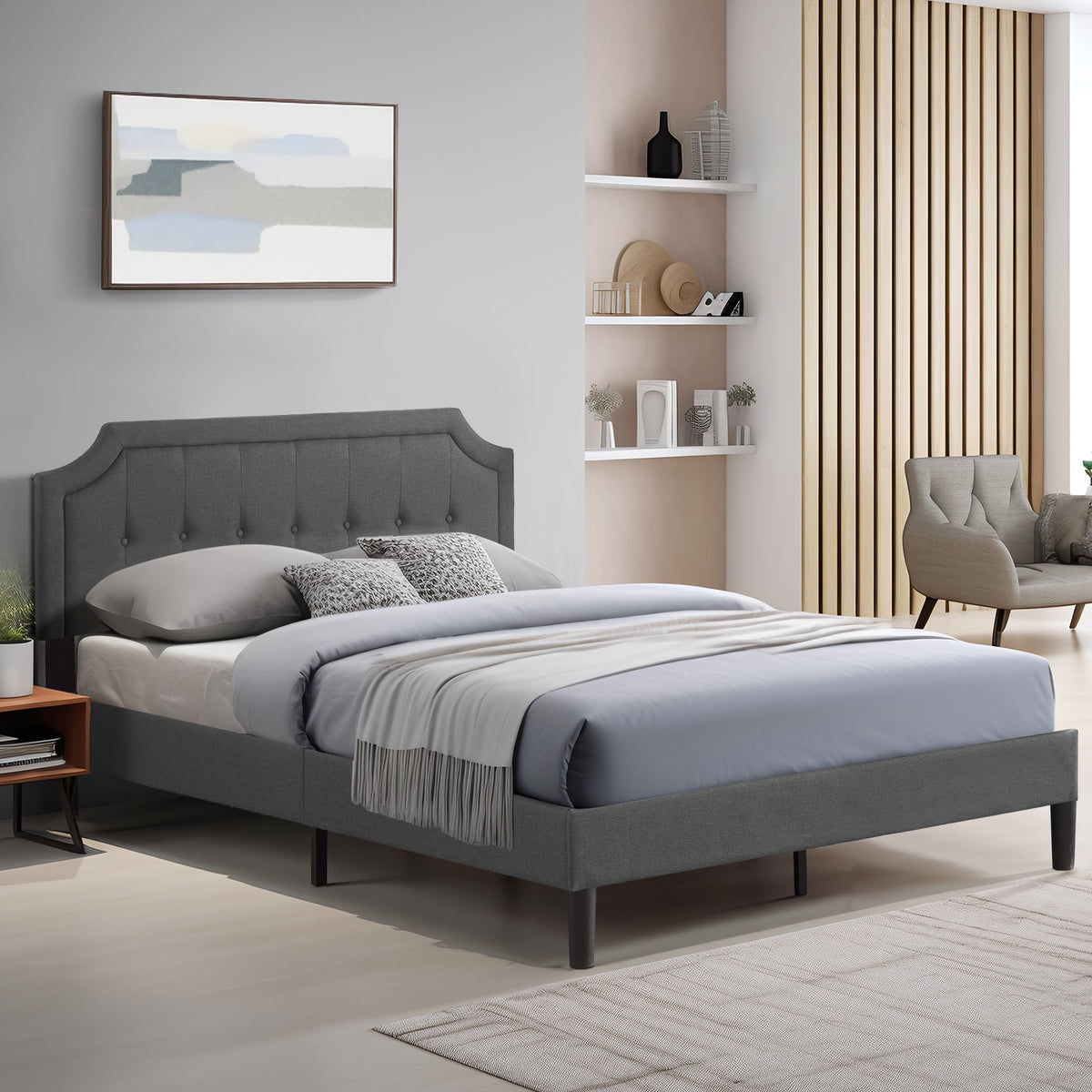 Queen Size Fabric Upholstered Platform Bed Frame with Wooden Slats G3958