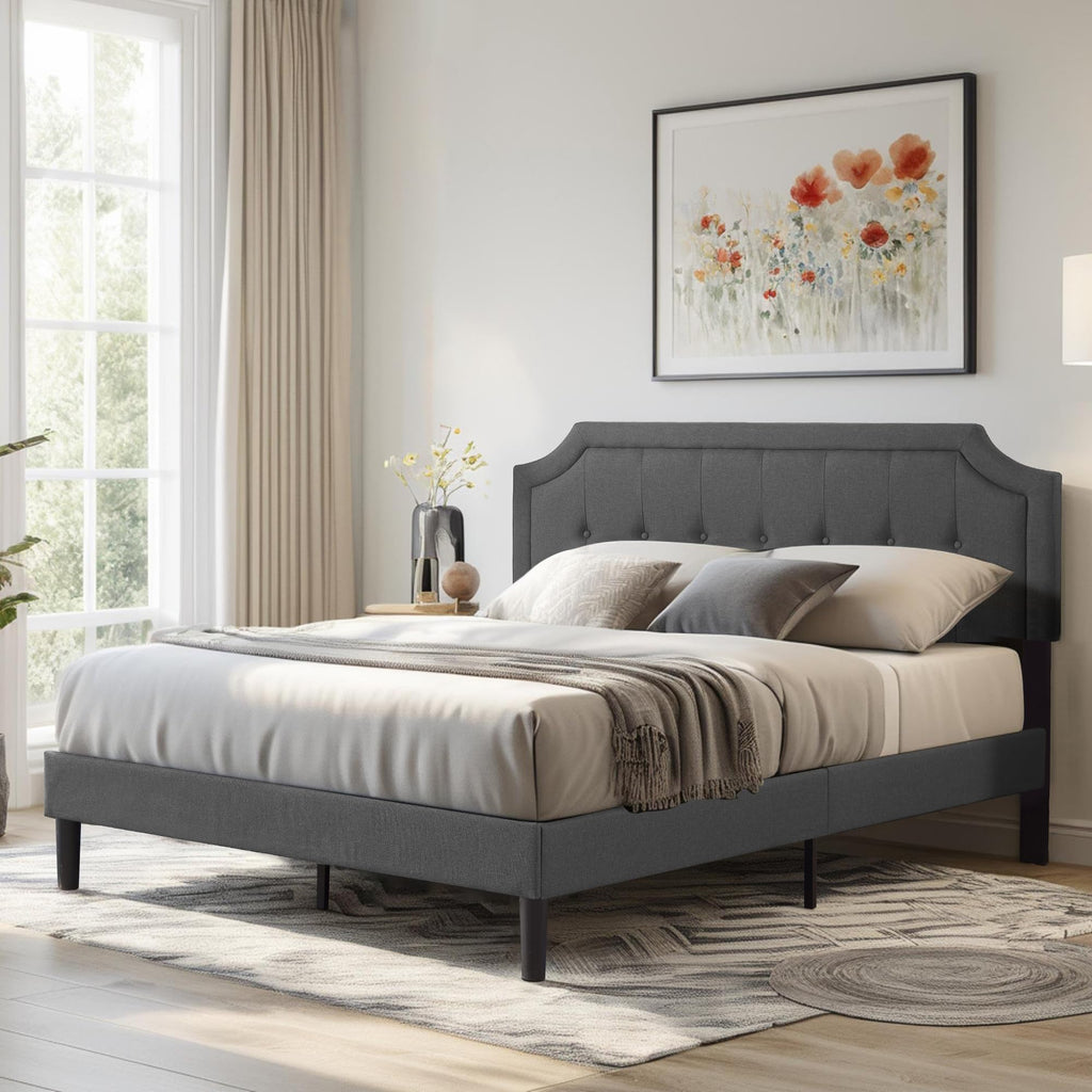 Queen Size Fabric Upholstered Platform Bed Frame with Wooden Slats G3958