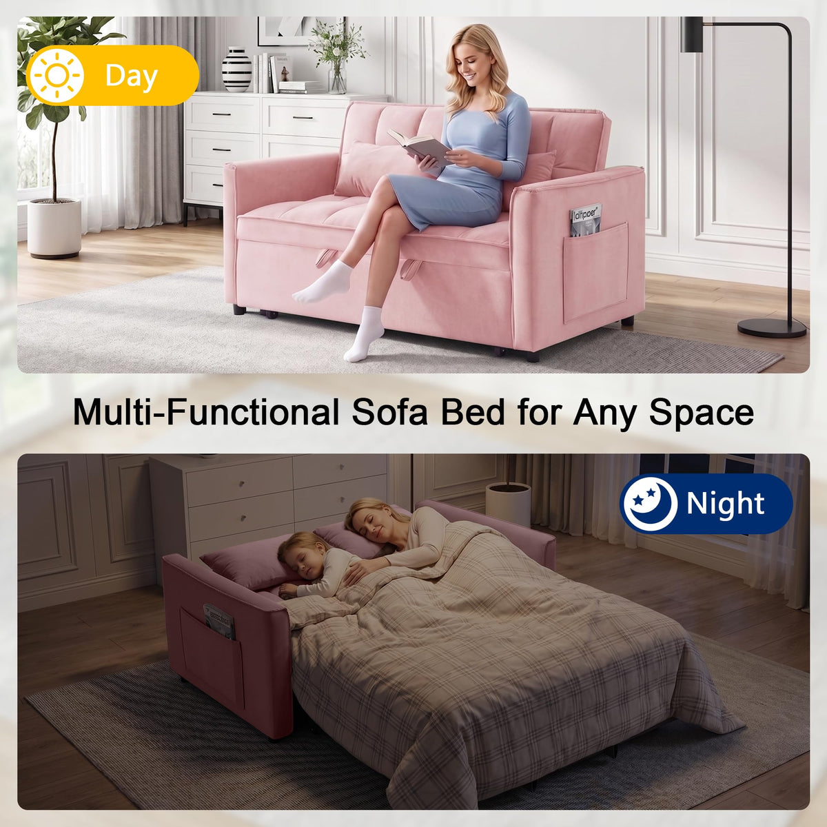 Pink Velvet 3-in-1 Sofa Bed V99809