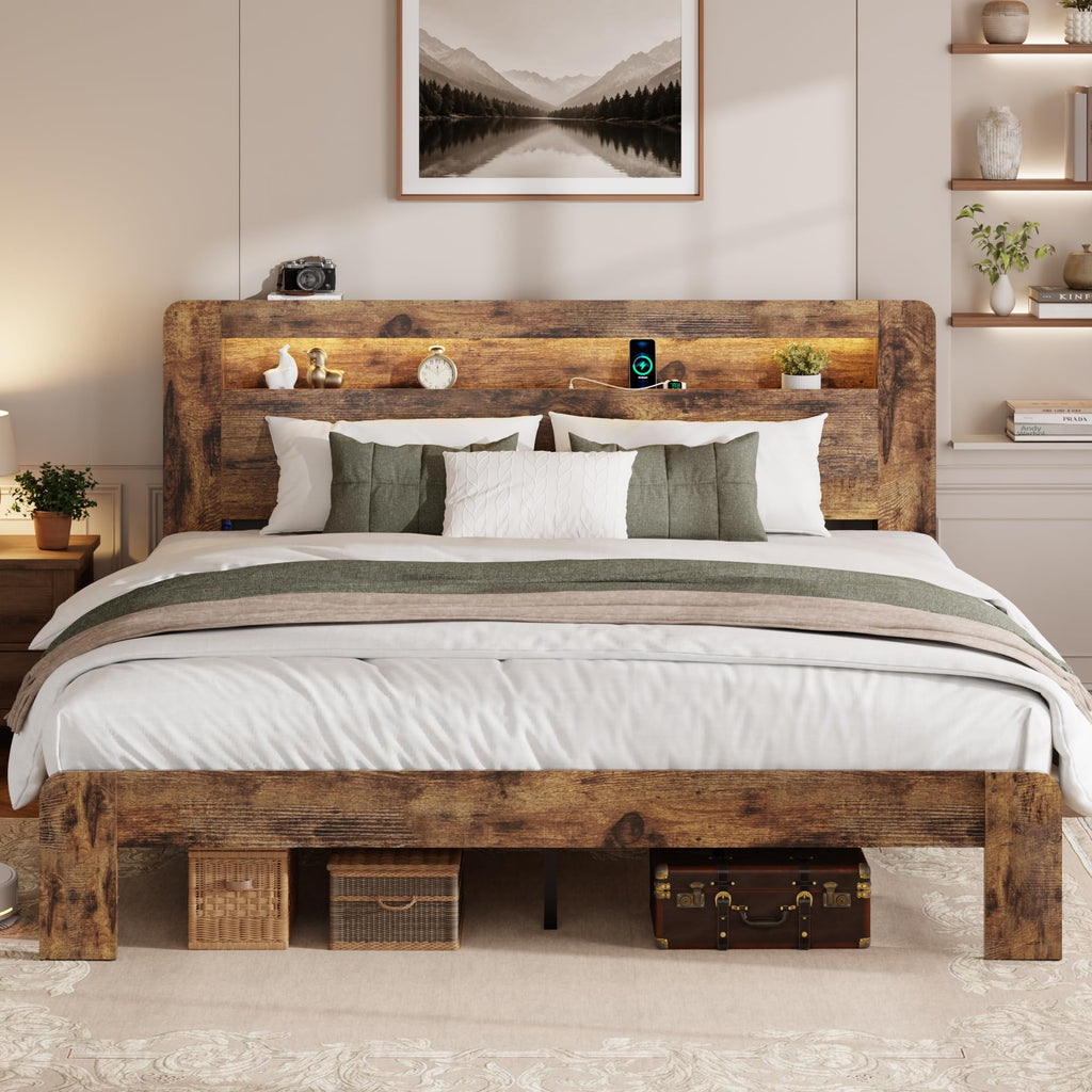 King Size Brown Wood Bed Frame with Bookcase Storage Headboard C78116