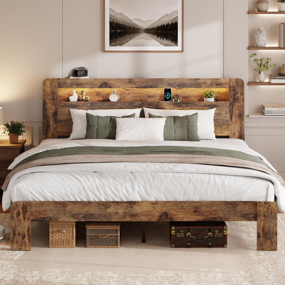 King Size Brown Wood Bed Frame with Bookcase Storage Headboard C78116