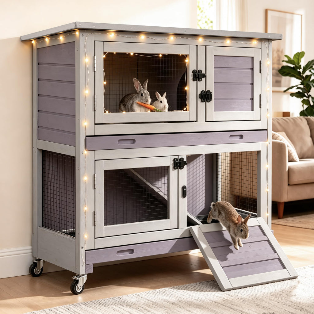 36" 2-Story Wooden Rabbit Hutch with Ramp, Trays & Wheels V9805