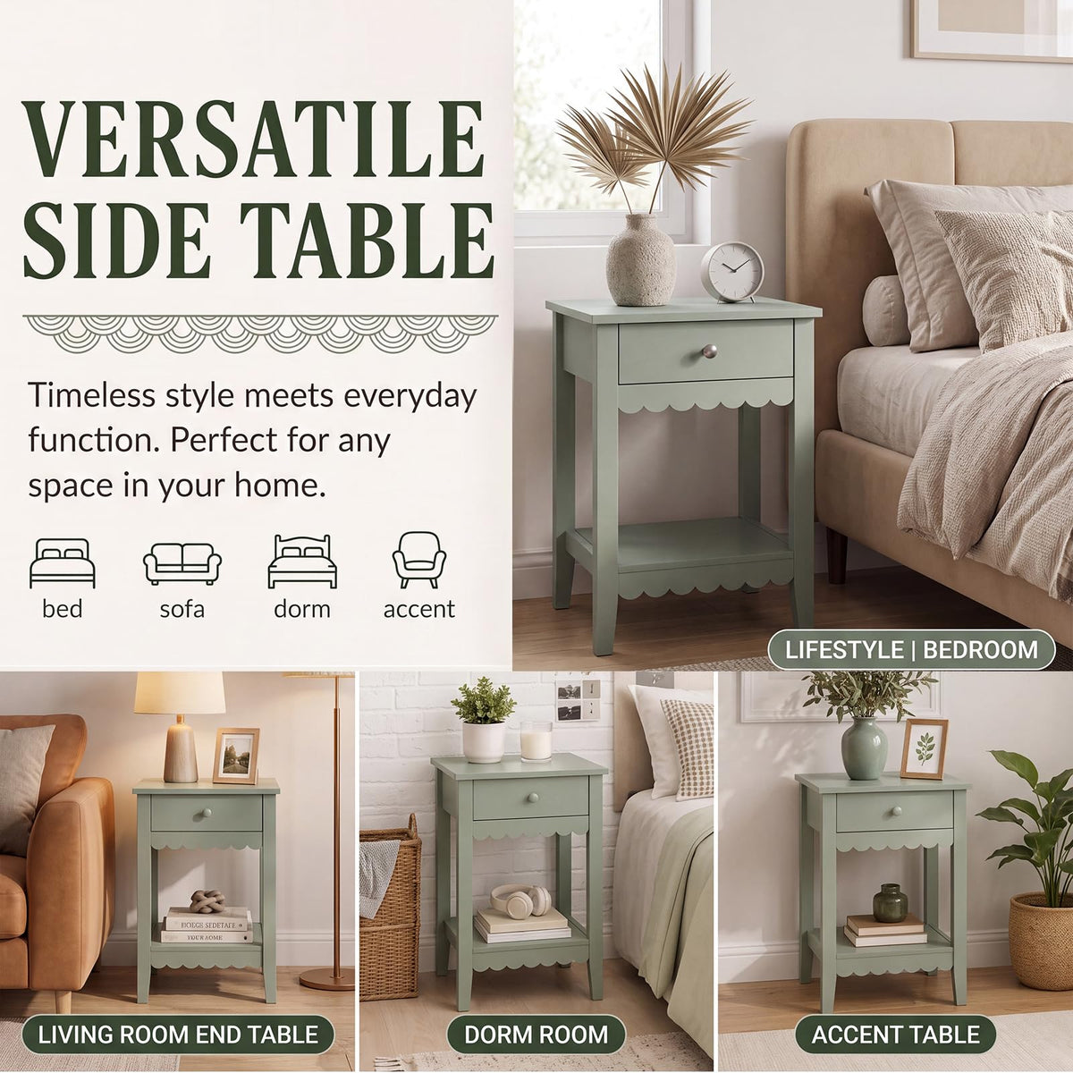 Scalloped Nightstands Side End Table with Drawer & Open Shelf F757611