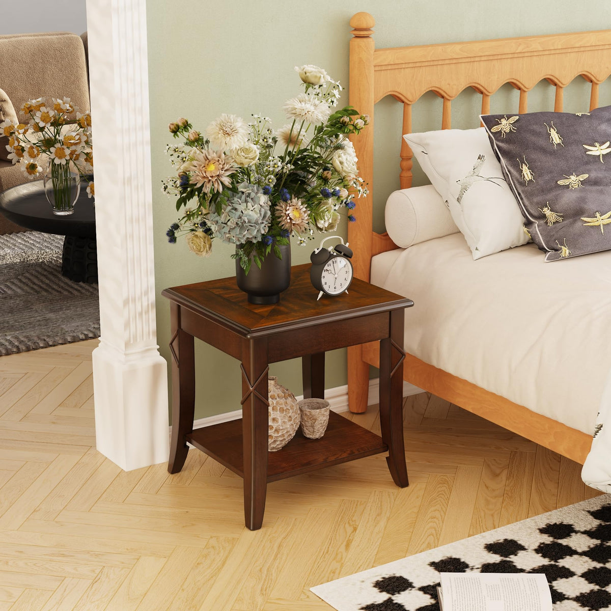 Solid Wood Side End Table with Storage Shelf D2903