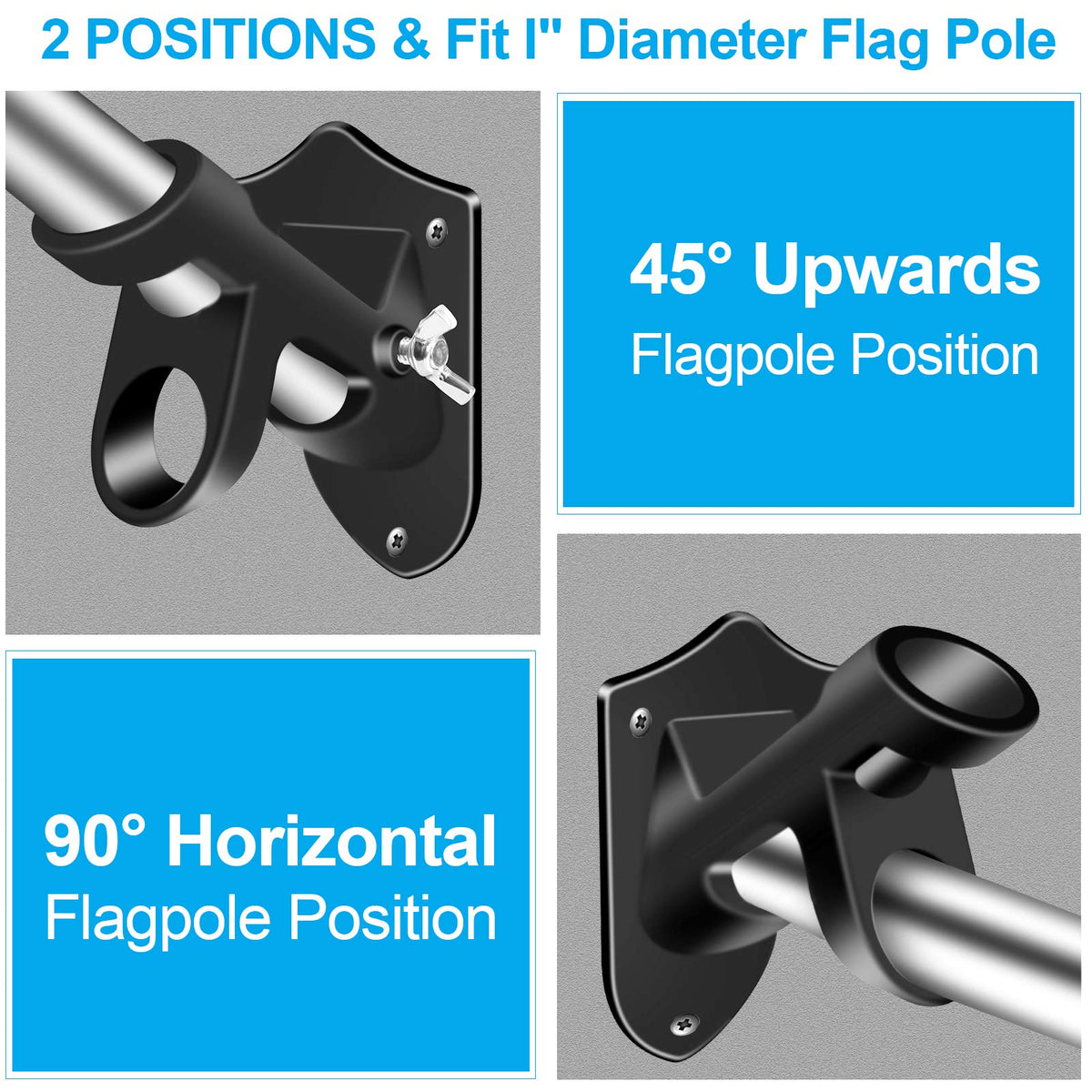 1" Flag Pole Holder Brackets with Hardwares, Two Positions Aluminium Alloy Rust Free Coated, Black 1 Pack A147760