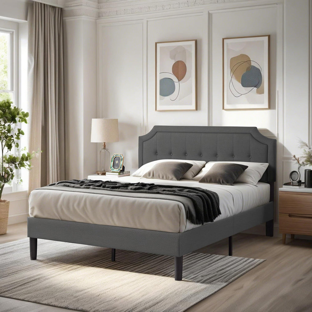 Queen Size Fabric Upholstered Platform Bed Frame with Wooden Slats G3958