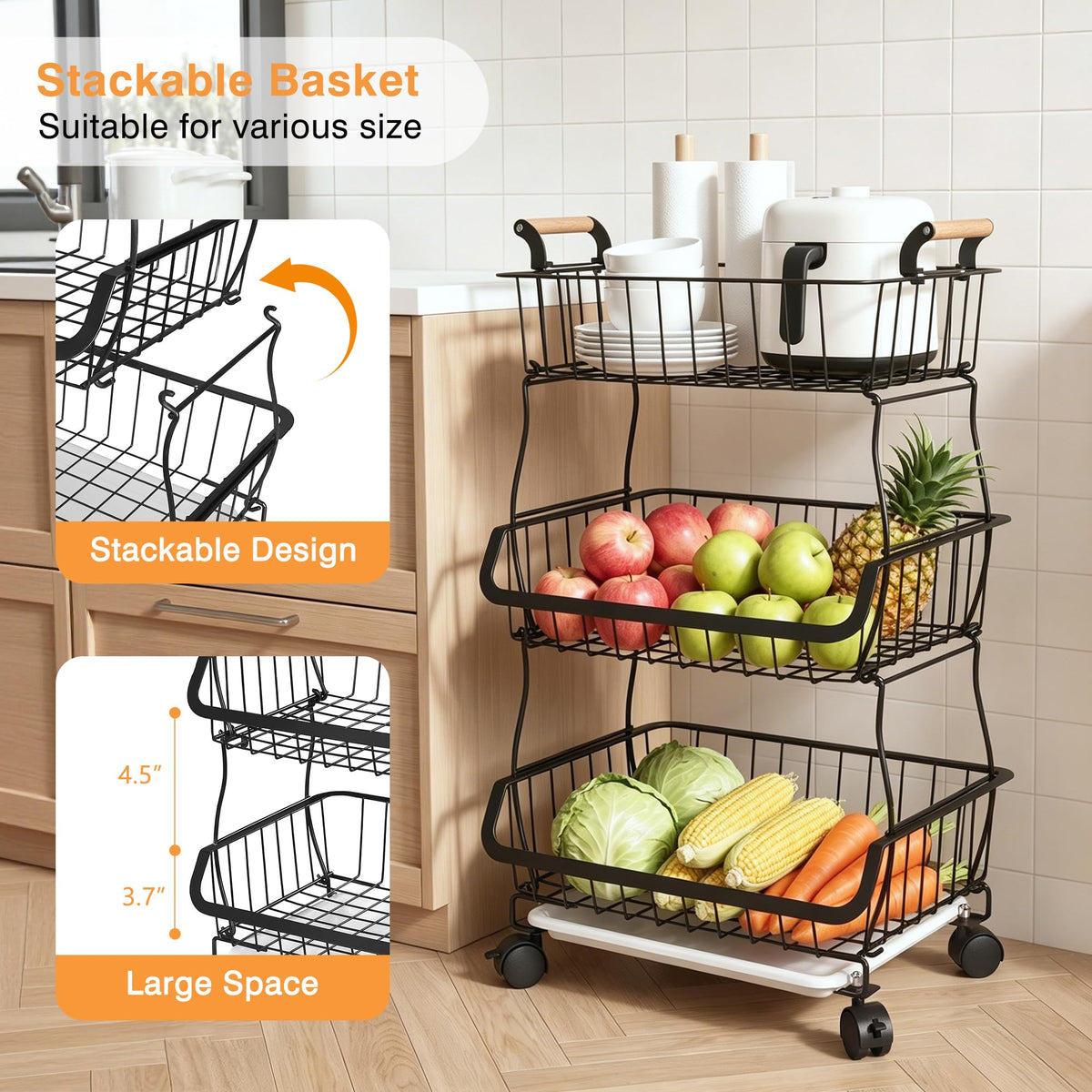3-Tier Fruit Basket with Wheels N4196