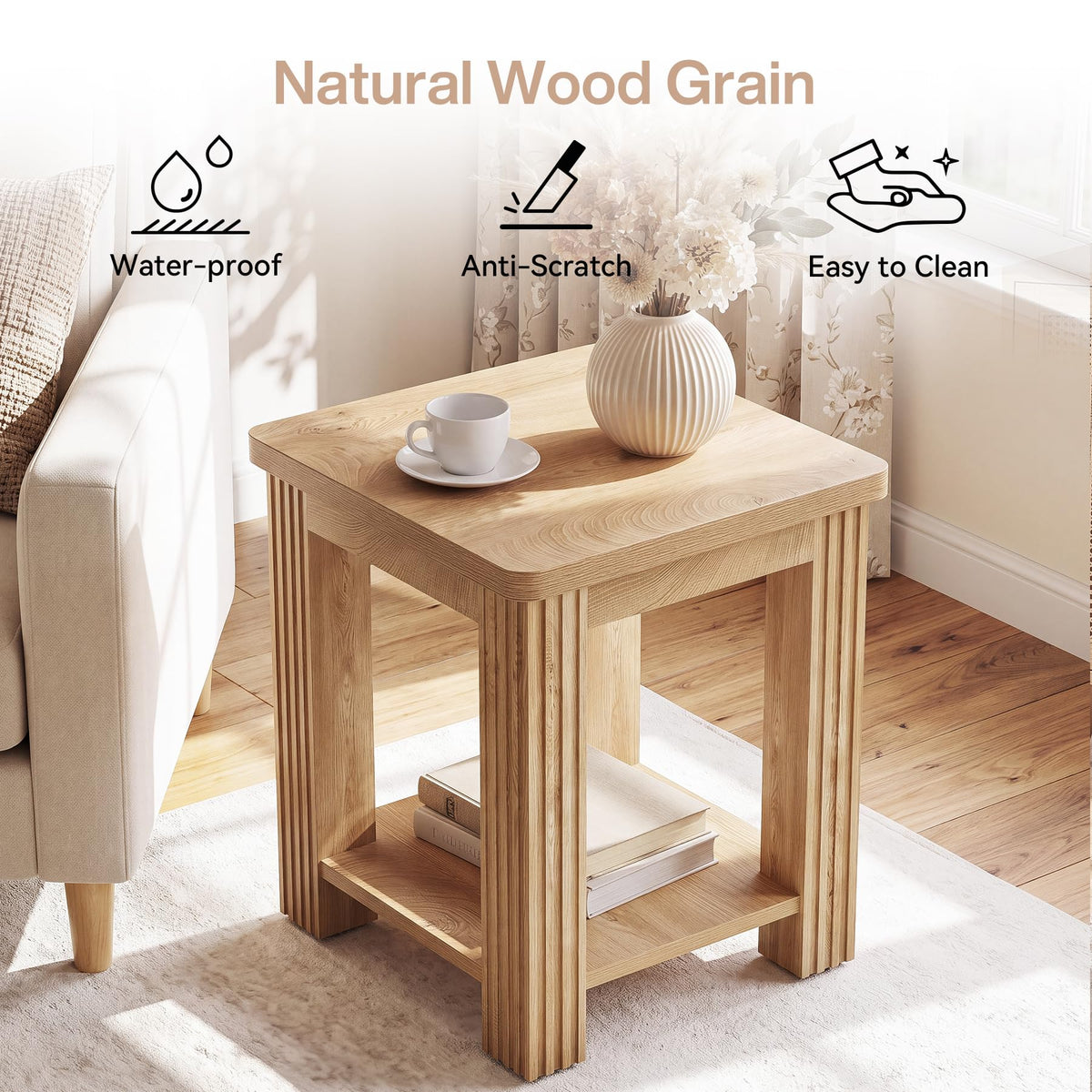 End Table Set of 2, 2-Tier Square Side Table with Storage Shelf A718