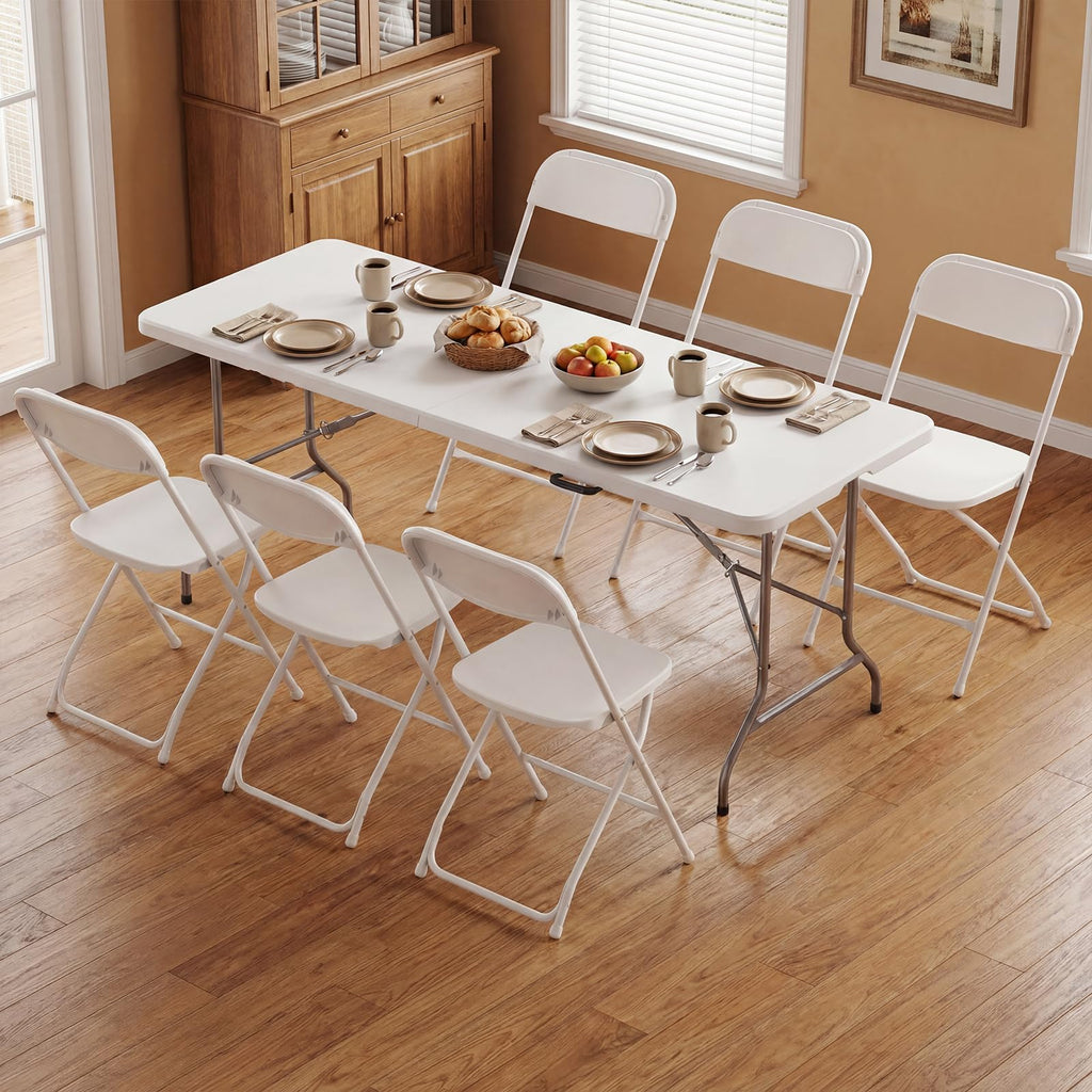 6 FT Folding Picnic Table with 6 Folding Chairs White B525