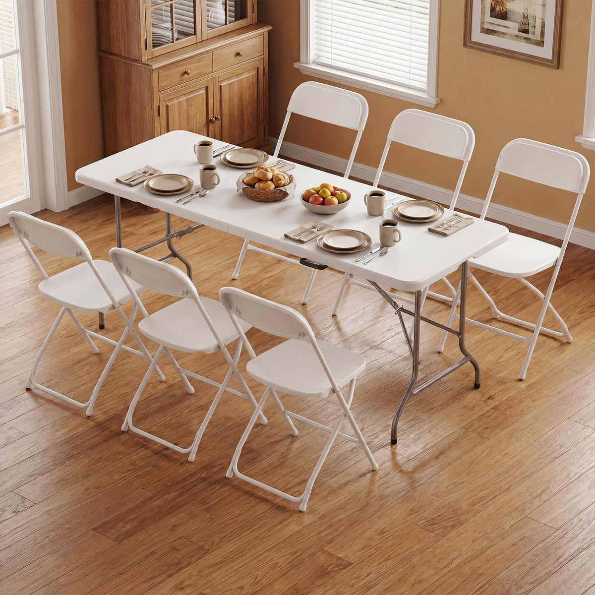 6 FT Folding Picnic Table with 6 Folding Chairs White B525