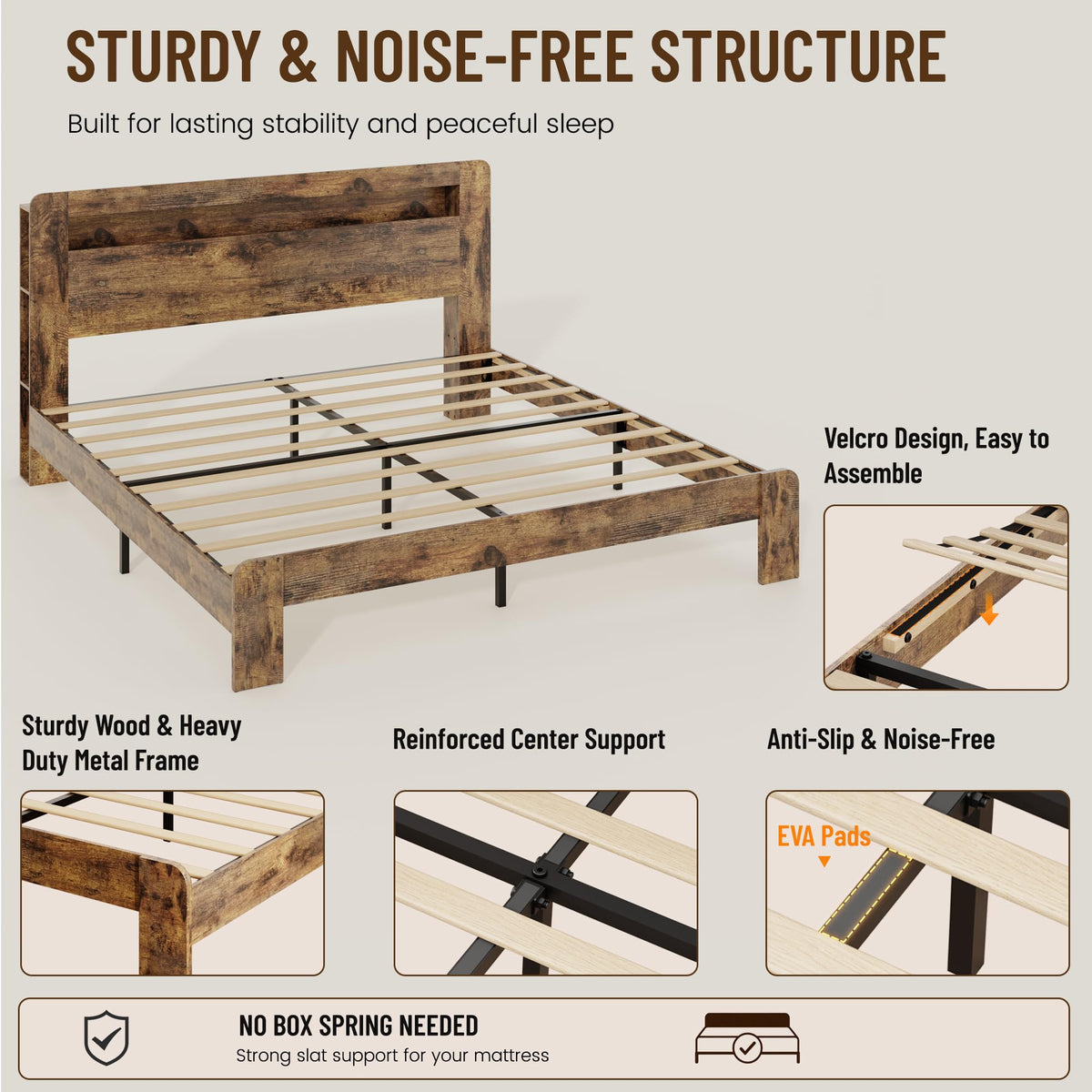 King Size Brown Wood Bed Frame with Bookcase Storage Headboard C78116