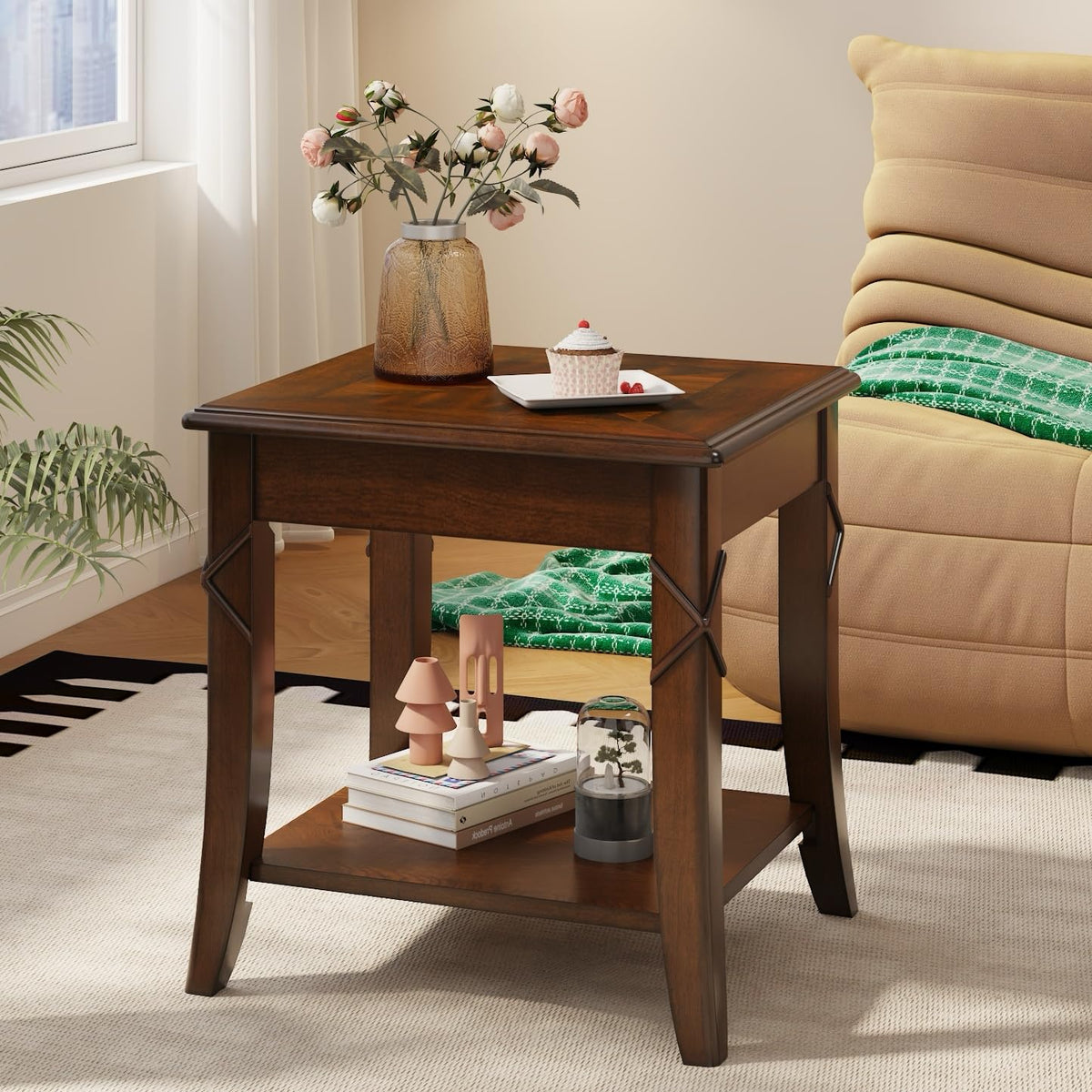 Solid Wood Side End Table with Storage Shelf D2903