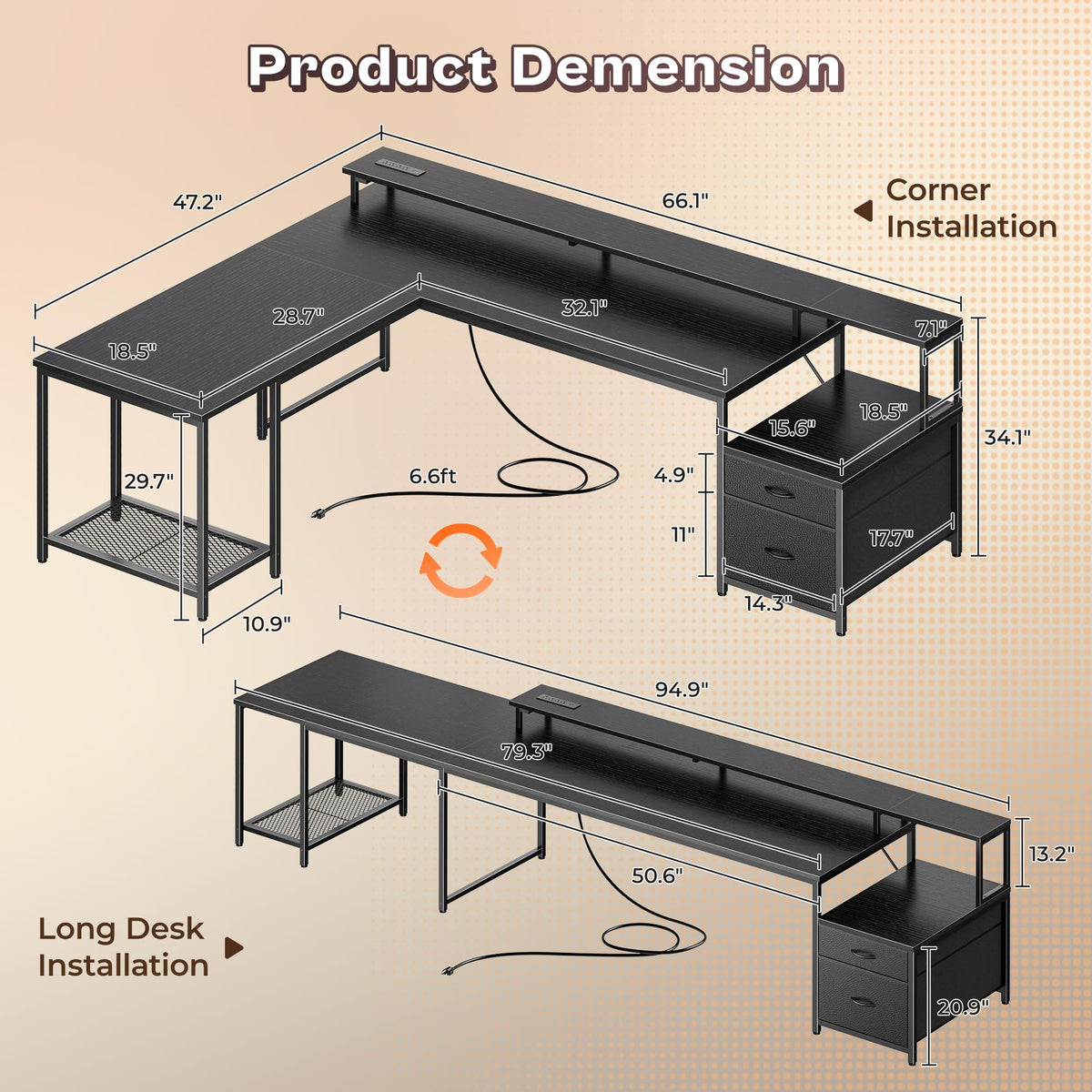 66" L Shaped Gaming Desk with LED Lights & Power Outlets Q819