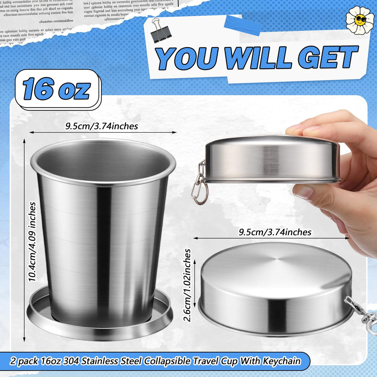 2 Pack 304 Stainless Steel Collapsible Cup 16 oz R82940