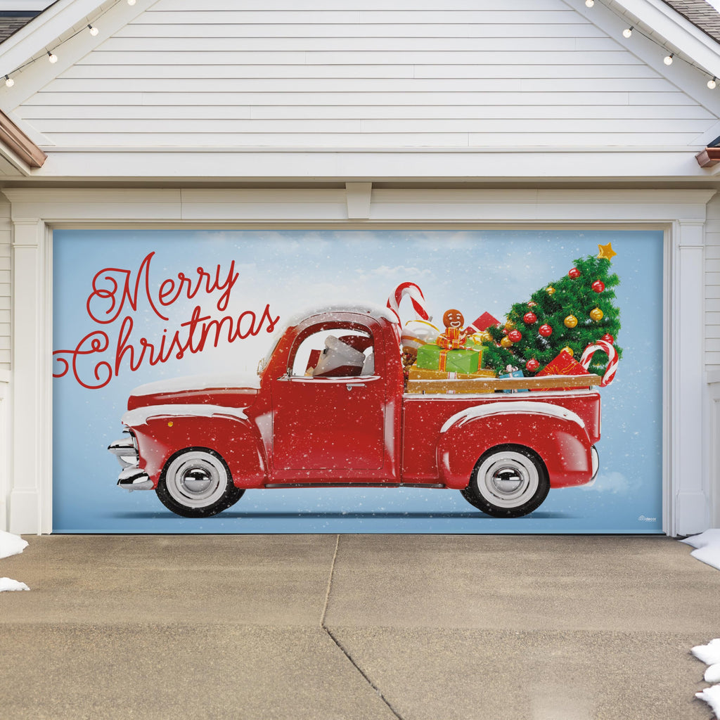 Red Truck Christmas Tree Double Garage Door Banner U246899