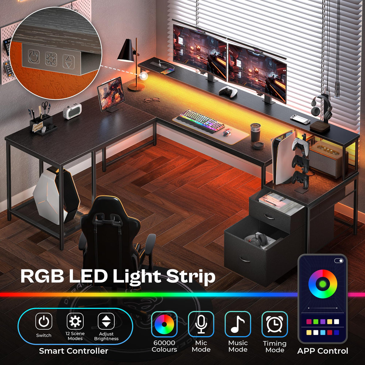 66" L Shaped Gaming Desk with LED Lights & Power Outlets Q819