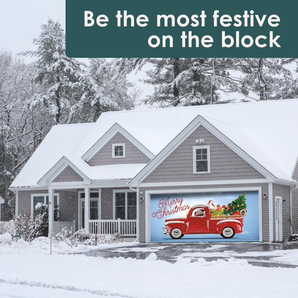 Red Truck Christmas Tree Double Garage Door Banner U246899