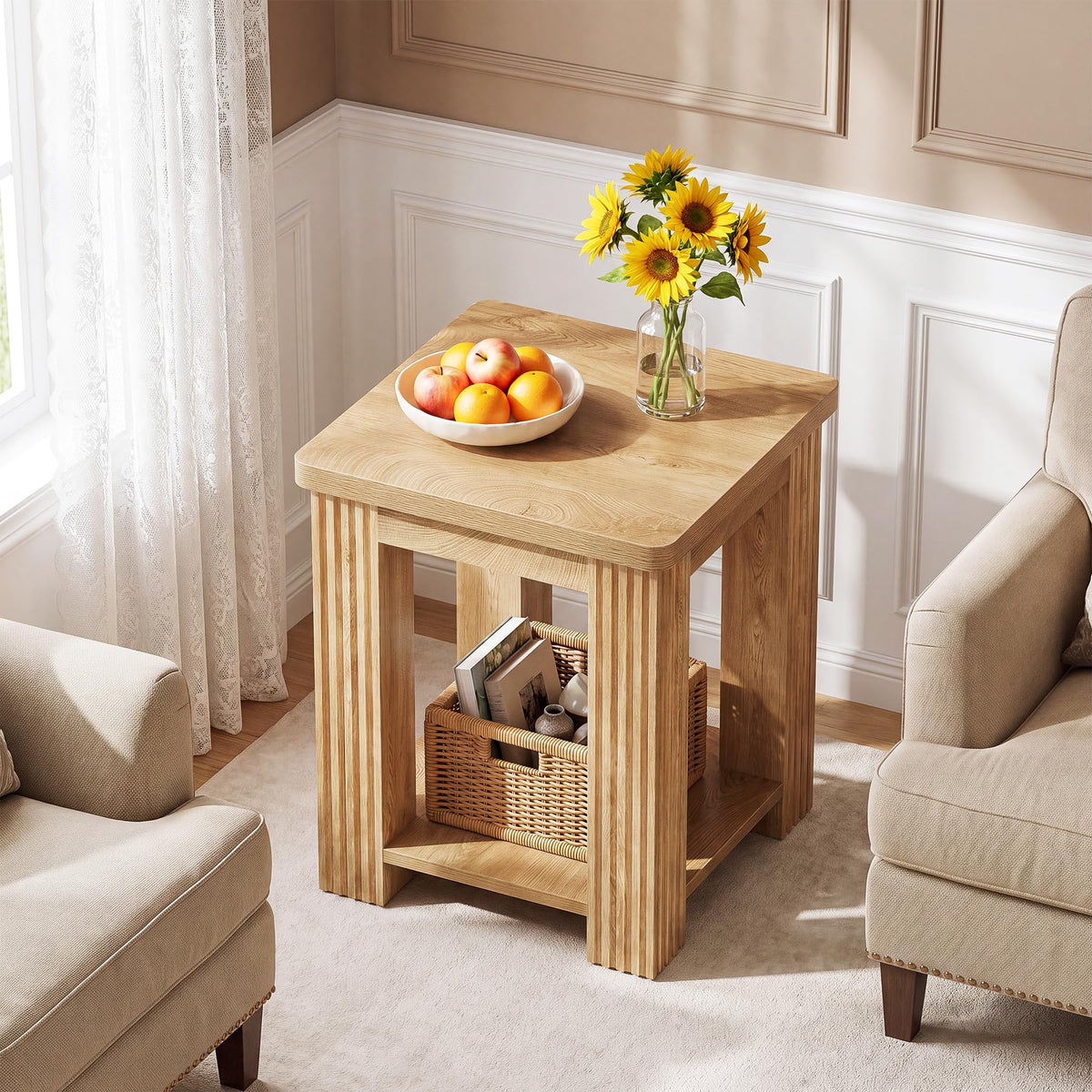 End Table Set of 2, 2-Tier Square Side Table with Storage Shelf A718