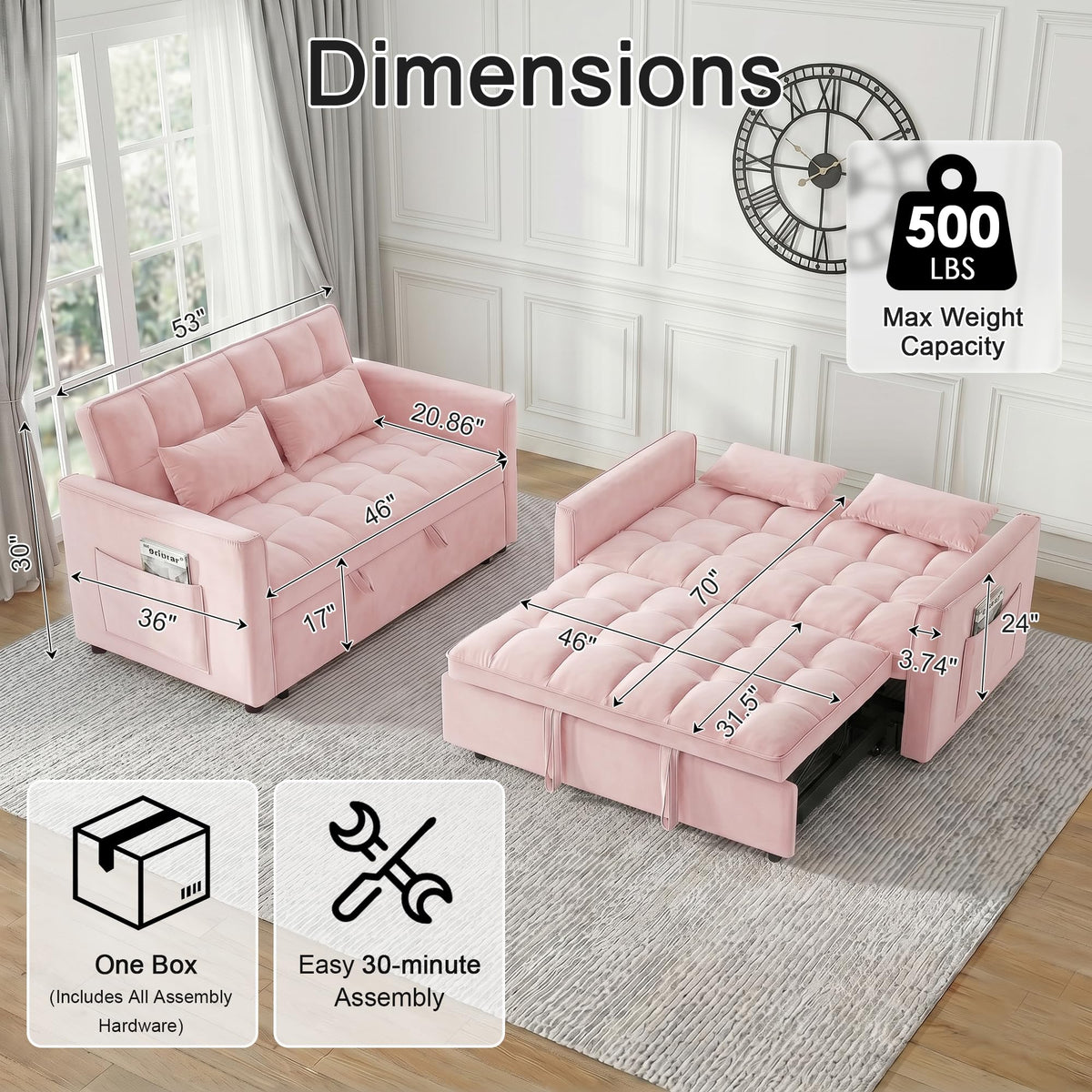 Pink Velvet 3-in-1 Sofa Bed V99809