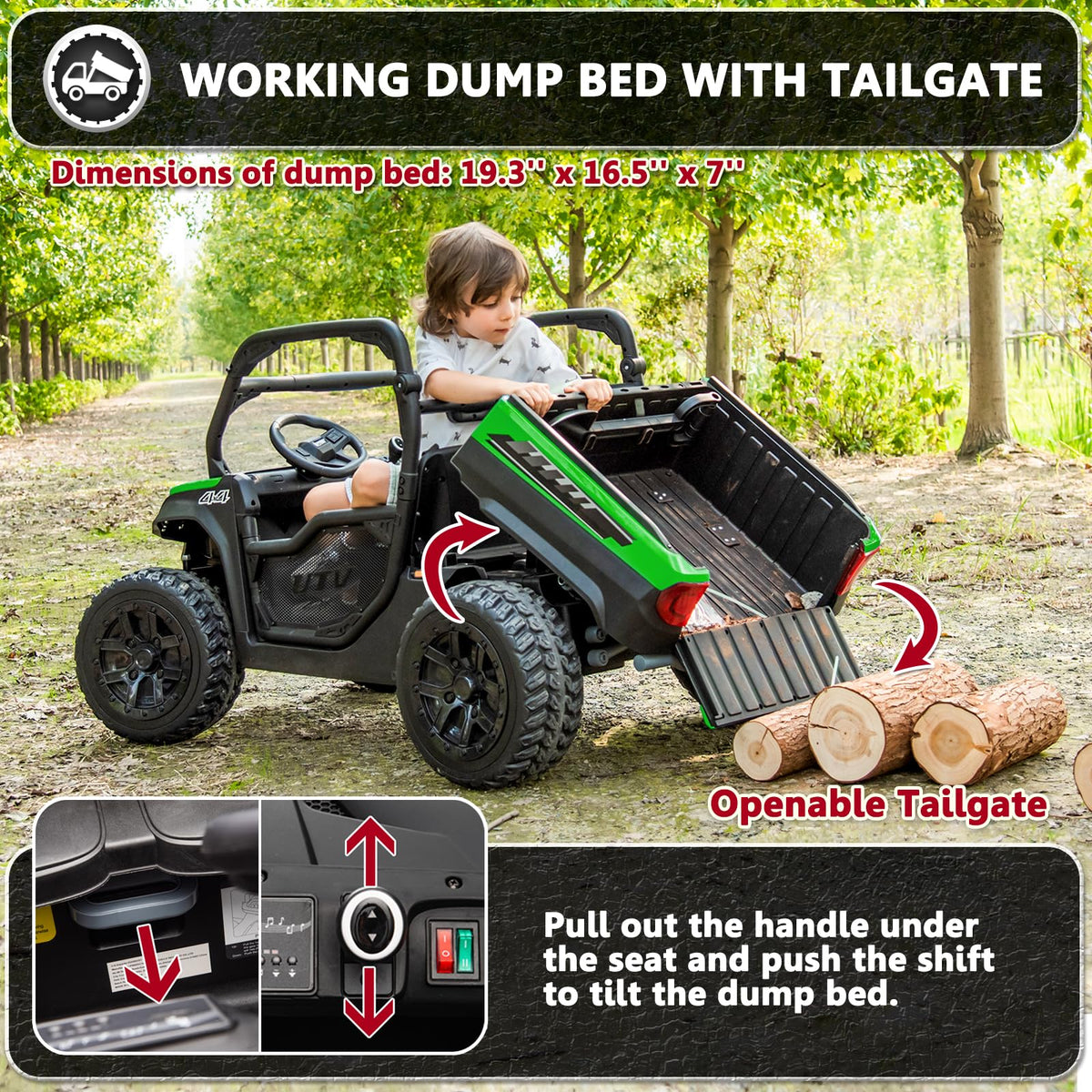 2 Seater 24V 10Ah Ride On Dump Truck with EVA Tires, Green E2106