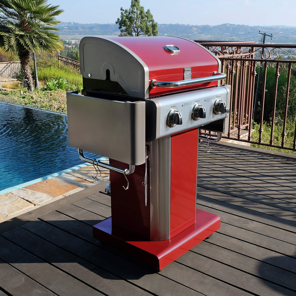 3-Burner Liquid Propane Gas Grill with Folding Sides, Wheels, 30000 BTU, Red S168