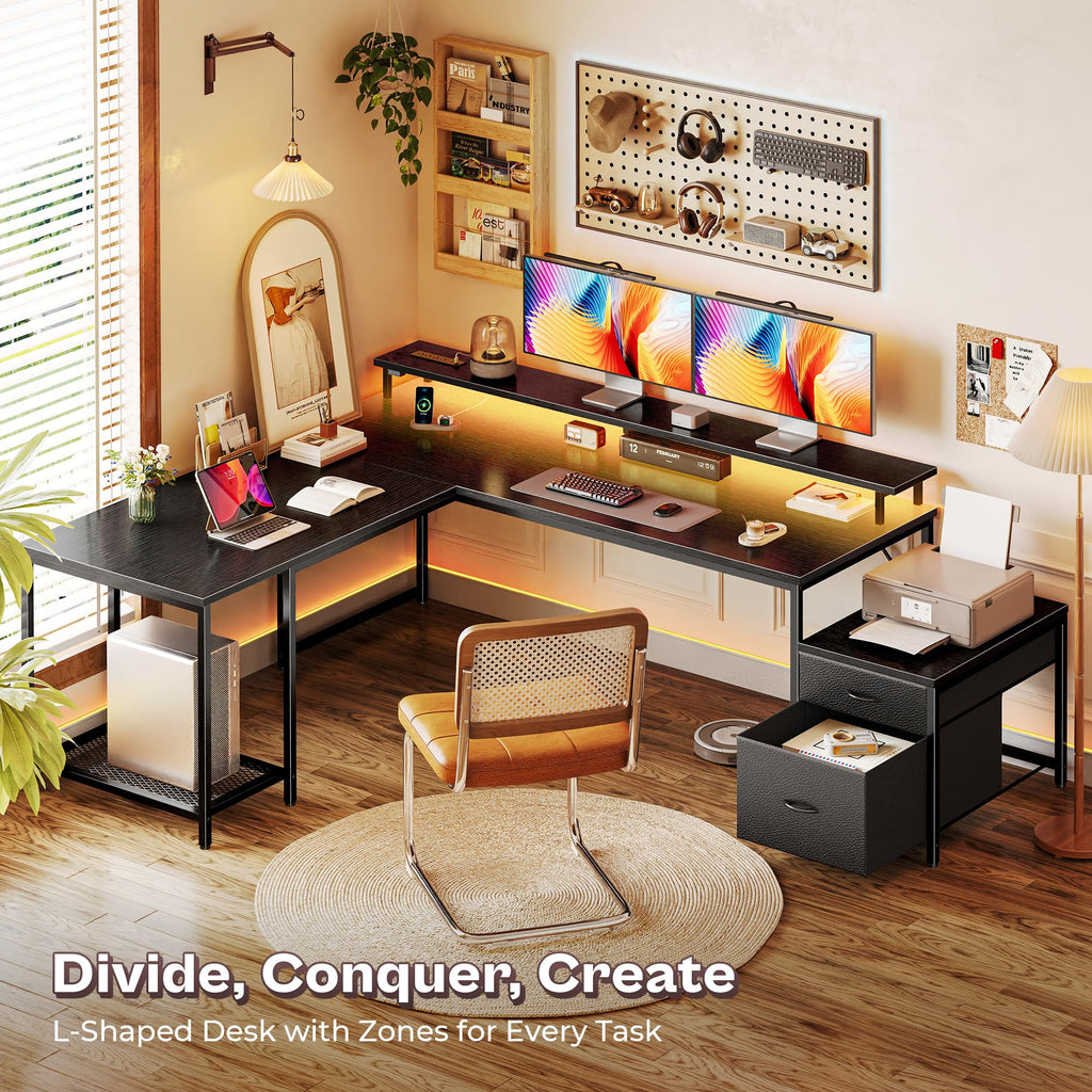 66" L Shaped Gaming Desk with LED Lights & Power Outlets Q819