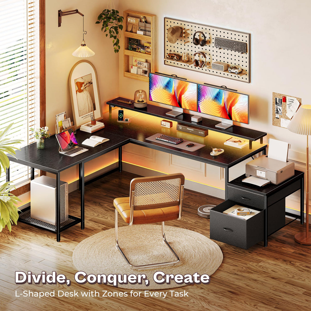 66" L Shaped Gaming Desk with LED Lights & Power Outlets Q819