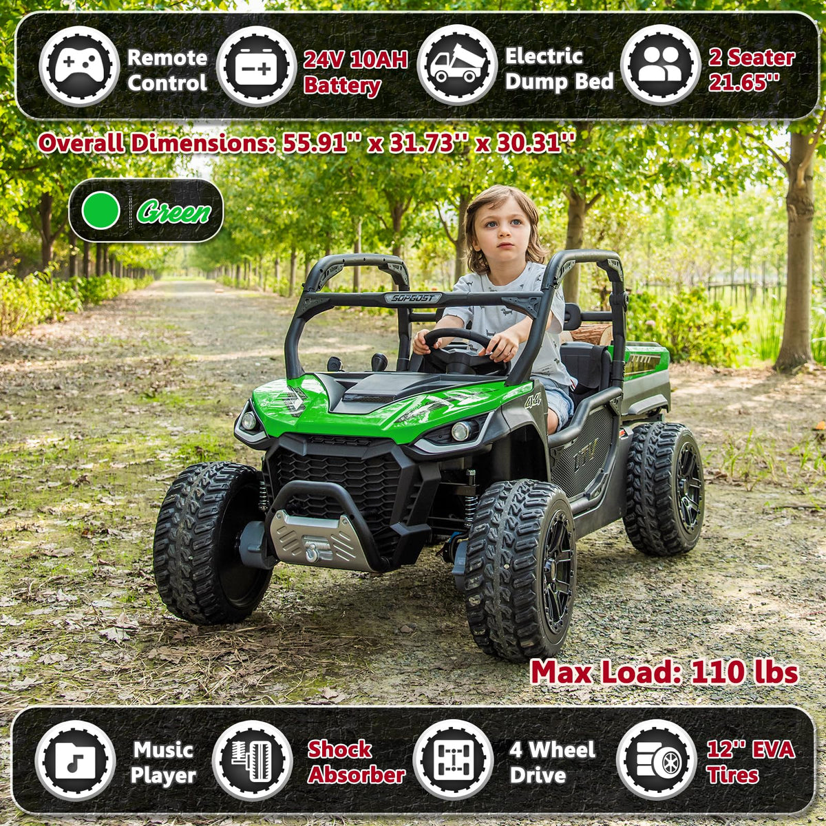 2 Seater 24V 10Ah Ride On Dump Truck with EVA Tires, Green E2106