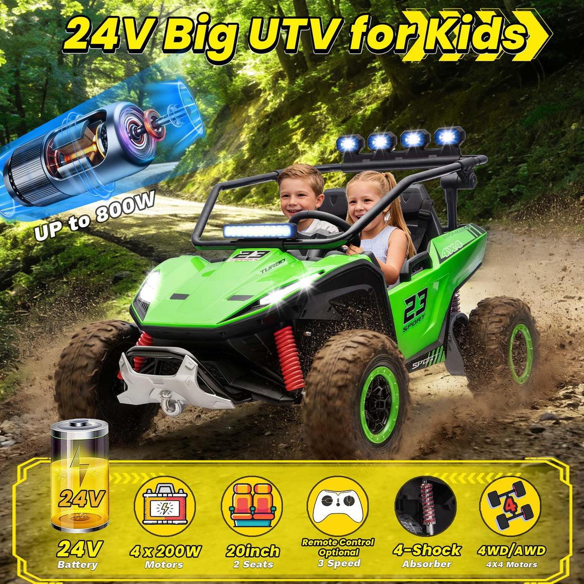 2-Seater Kids UTV with 4x200W Motor, 3-6MPH, Green R468587