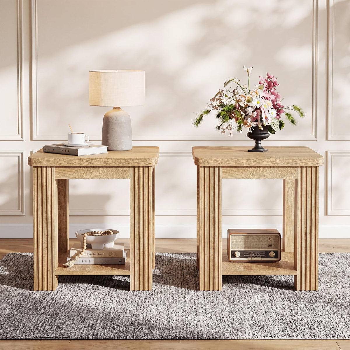 End Table Set of 2, 2-Tier Square Side Table with Storage Shelf A718