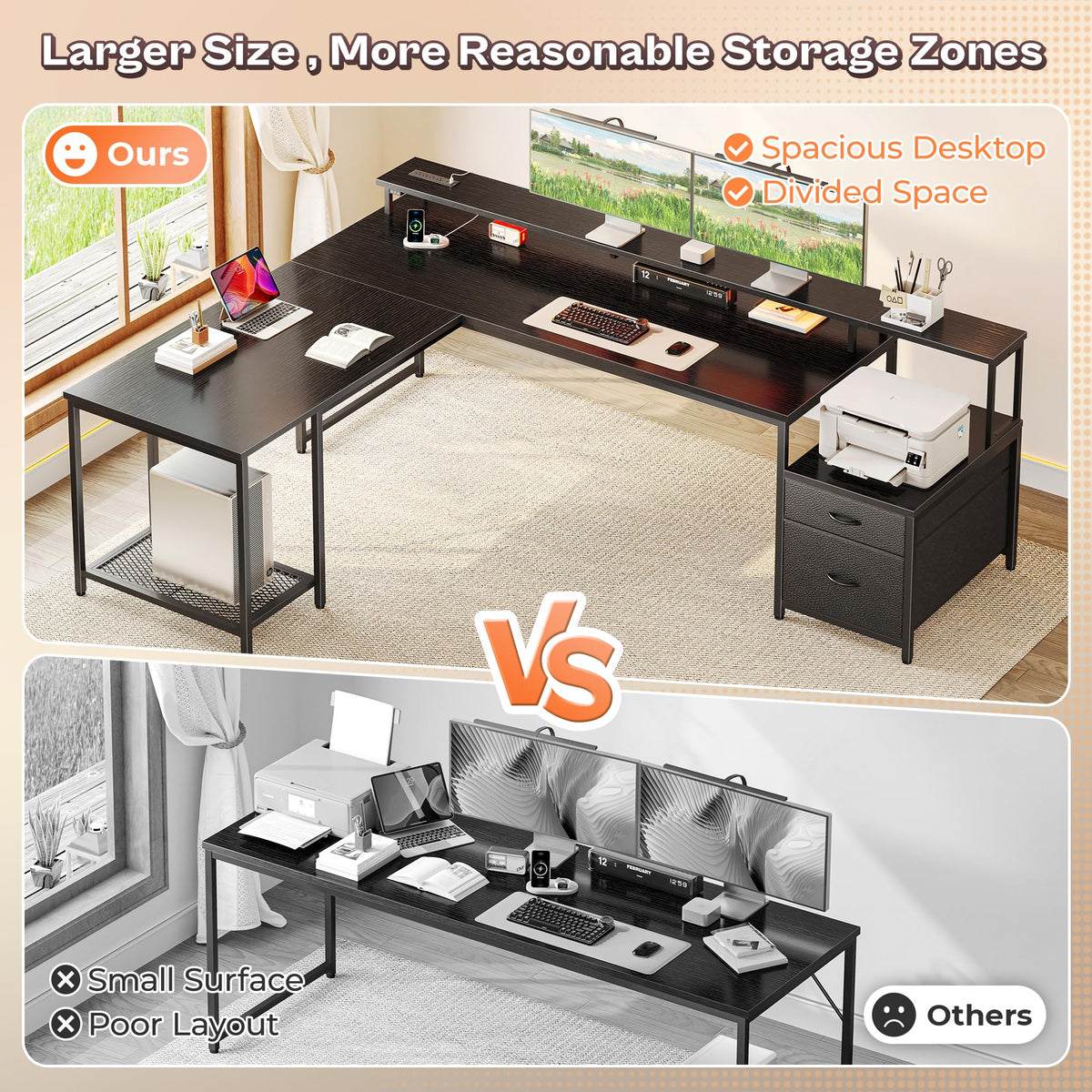 66" L Shaped Gaming Desk with LED Lights & Power Outlets Q819