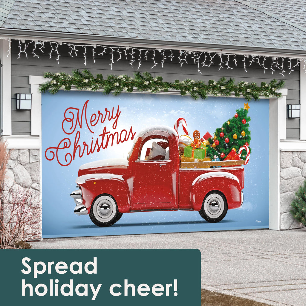 Red Truck Christmas Tree Double Garage Door Banner U246899