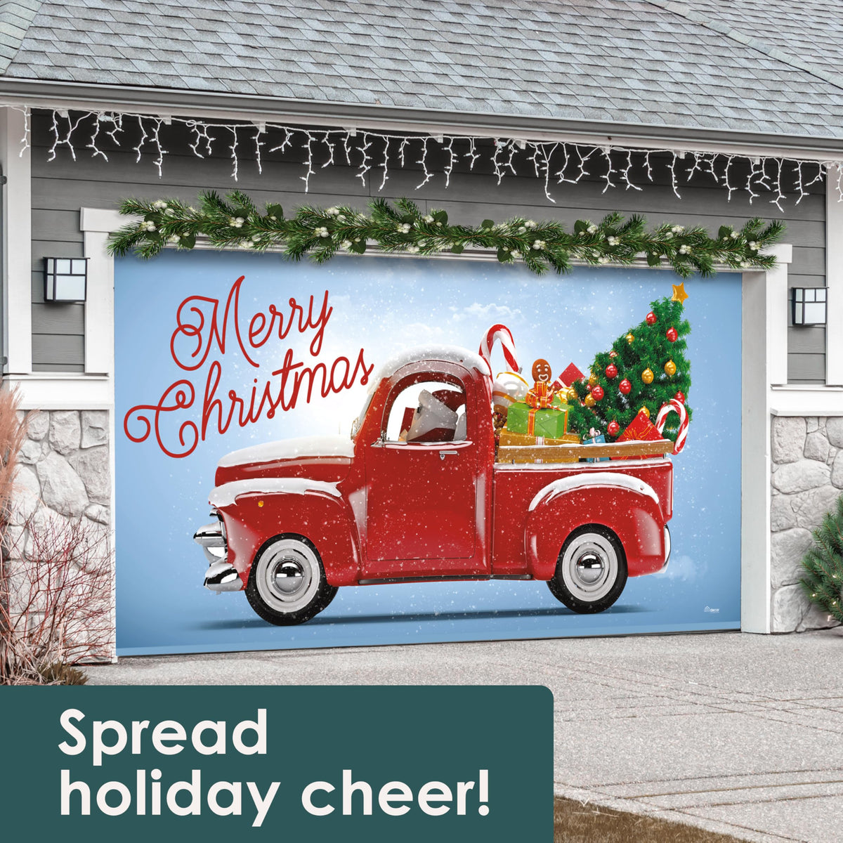 Red Truck Christmas Tree Double Garage Door Banner U246899