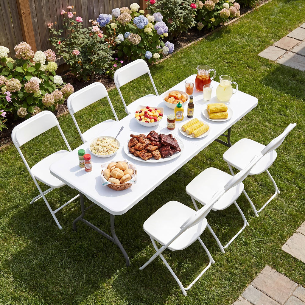 6 FT Folding Picnic Table with 6 Folding Chairs White B525